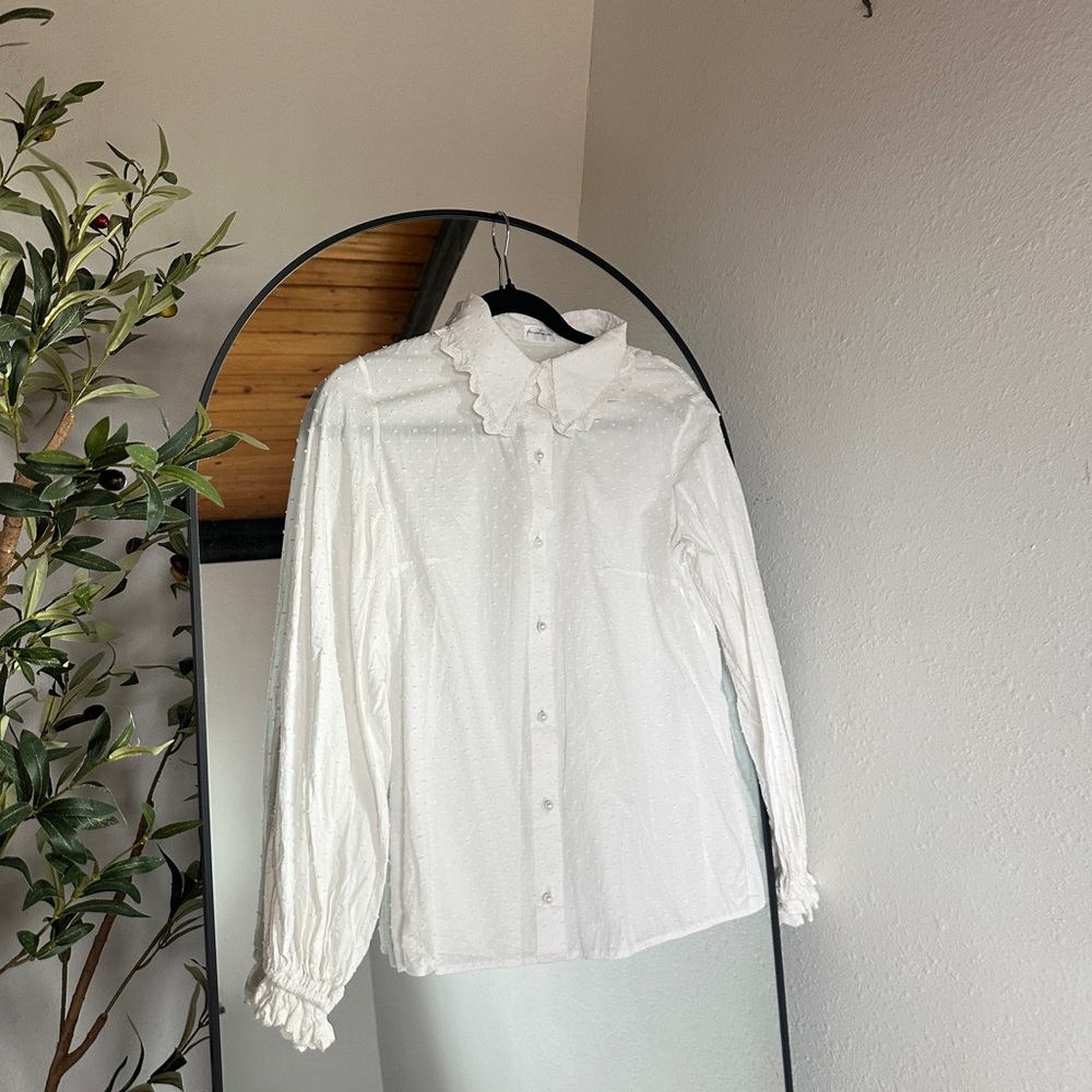 White Ruffled Button-Up Blouse - Picture 2 of 8